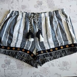 REWASH Black and White Striped Fringe Shorts with Copper Embellishment,‎ Size XL